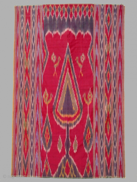 Wallhanging, Yazd, Persia, silk warp and weft, ikat dyed patterning, Zoroastrian, circa 1900, 48 x 72 inches. Condition: several small tears, otherwise as seen in image.       