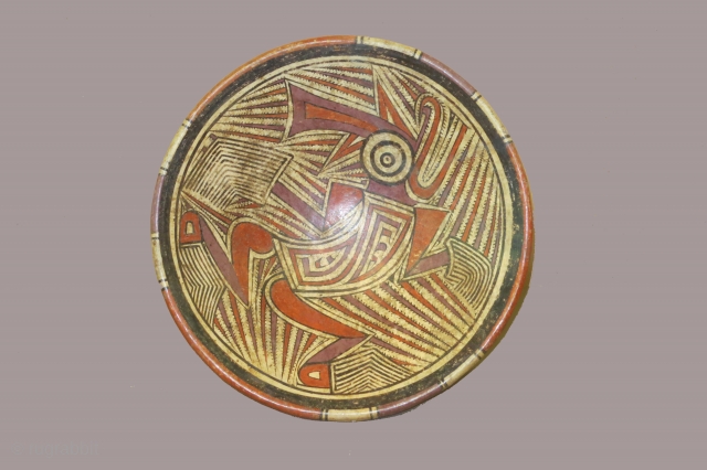 Panama ceramic pedestal plate, Cocle culture, c,800-1000 AD, diameter 10 inches, height 5 inches, depicting a shaman undergoing transformation. Condition: excellent, onely one break which has been repaired/restored.     