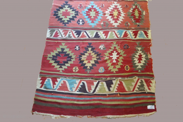 Anatolian kilim with 5 major patterned bands, 5 x 14 feet, circa 1800, excellent condition with minor losses to gray wool areas. The colored areas that appear black in the images is  ...