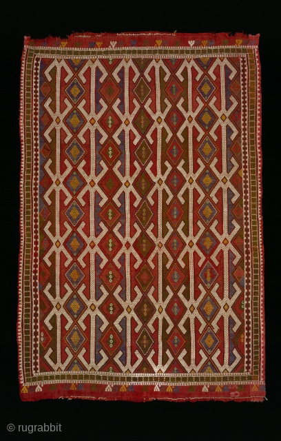 Anatolian jijim, an exceptional early example, cotton and wool , circa 17th/18th cantury, approximately 6 x 9 feet. Excellent condition: a few small rewoven areas and substantial losses to brown outling threads  ...