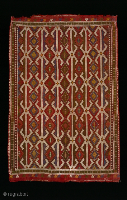 Anatolian jijim, an exceptional early example, cotton and wool , circa 17th/18th cantury, approximately 6 x 9 feet. Excellent condition: a few small rewoven areas and substantial losses to brown outling threads  ...