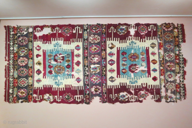 Anatolian saf type kilim with two major double niches or compartments, 150 x 310cm, 17th/18th century. Many overall losses as can be seen in the images. Saf type kilims are widely distributed  ...