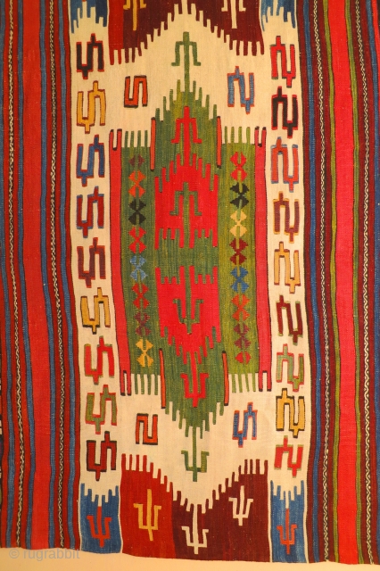Anatolian kilim, 3 double niche saf type design, 162 x 428cm, circa 1700-1725 ( C-14 tested). This kilim is in extrordinary condition for its age; only some of the black dyed wefts  ...