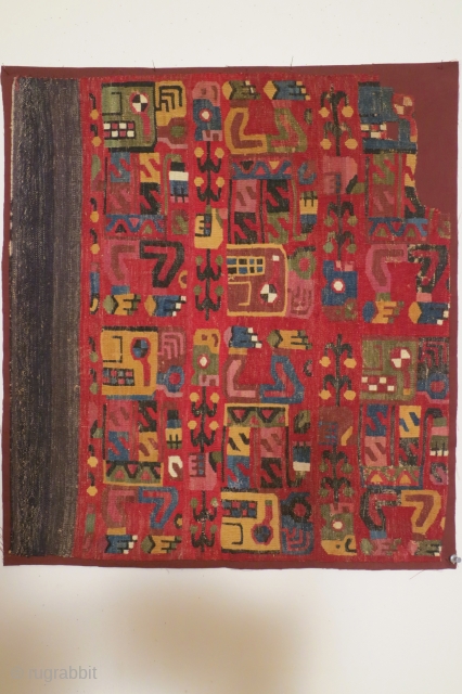 Pre-Columbian panel, Peru, post Wari culture, circa 900-1000 AD, with a whhie cotton plain weave ground with supplemental wool patterning depicting 6 zoomorphic figures. The figures probably represent shaman undergoing transformation, with  ...