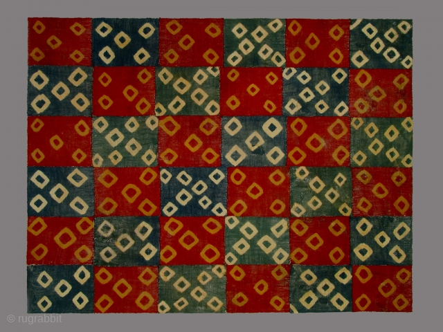 Pre-Columbian resist dye patterned mantle, Seguas 3/late Nazca culture, circa 600-800 AD, 50 x 55 inches, mounted. In excellent condition with a few areas of losses, patched with compatible Pre-Columbian fabric. The  ...