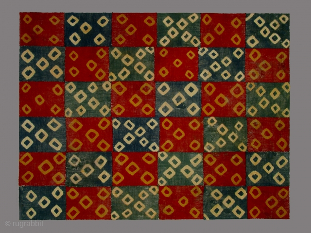 Pre-Columbian resist dye patterned mantle, Seguas 3/late Nazca culture, circa 600-800 AD, 50 x 55 inches, mounted. In excellent condition with a few areas of losses, patched with compatible Pre-Columbian fabric. The  ...