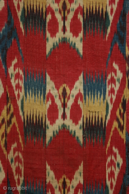 Wallhanging, Uzbek, Bokara, silk warp, cotton weft, printed cotton lining, 5 loom widths wide, 19th century, 55 x 82 inches (140 x 208 cm)         