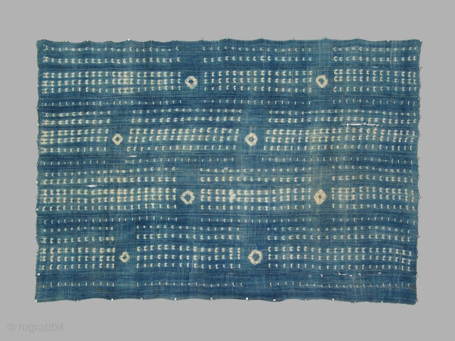 African man's mantle/wrapper, cotton patterned by indigo resist dyeing, approximately 48 x 76 inches, Baule, Ivory Coast, circa 1900. Early Baule textiles are very rare. Two other eamples in the Quai Branley  ...