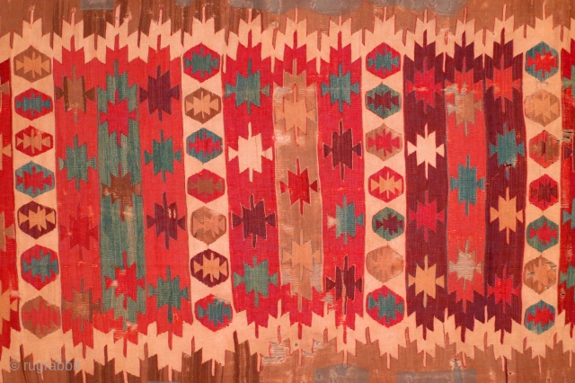 Anatolian saf type kilim with 5 saf niche forms, 162 x 361cm, 17th/18th century. Overall losses and damage that can be seen in the images. The images also show remains of re-inforcing  ...