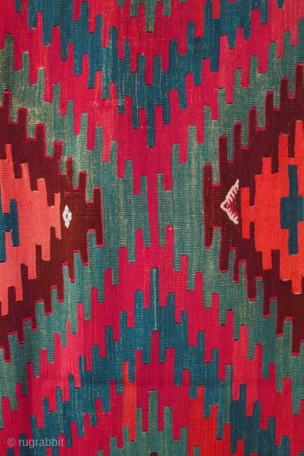 Anatolian kilim, Elmadag region, 154 x 430cm, 18th century. Several small areas have been repaired/rewoven. This is the best and earliest example of an Elmadag kilim known to me. The pronounced abrash  ...