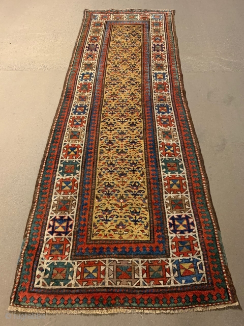 Sweet Gendje runner, 262 x 92 cm. 

Low to medium pile. No holes, pests or odors. 

Great colors (note the aubergine), ca. 1875.          