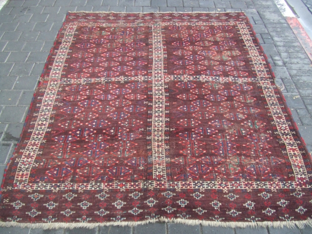 antique yomud turkoman ensi wool rug turkestan 1880-1900 Size: 197x159-cm / 77.5x62.5-inches
                     