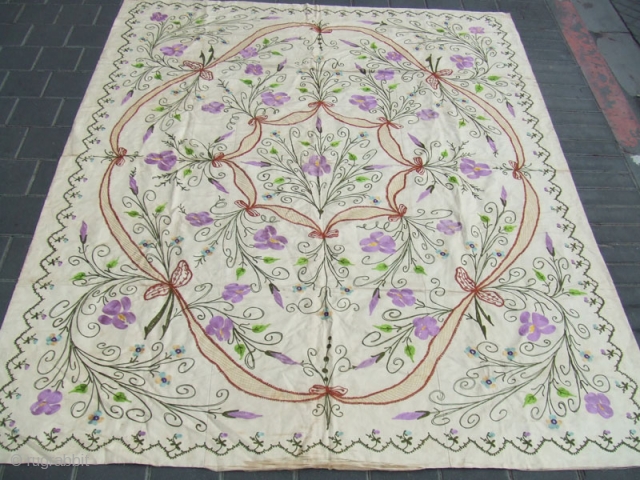 European? embroidery Suzani silk  Year: 1900-1920 Size:187x153-cm / 73.6x60.2-inches
The suzani as you can see on the picture has a little hole 
          