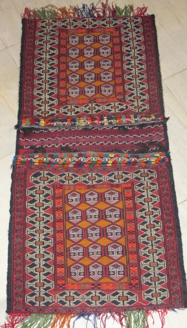 Fine quality Baloch saddle bag, perfect condition 
Circa 1940 

Size: 102x48 cm 

P.O.R                    