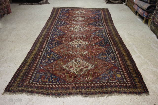 Khamseh 362 x 172 cm  Some areas wear but still beautiful, wool on wool, very pretty light blue              