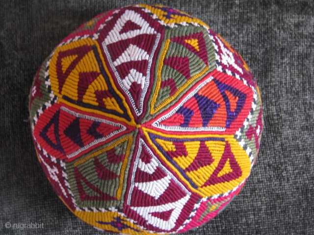 This is a hand stitched turkmen hat silk  on cotton northern Afghanistan                    