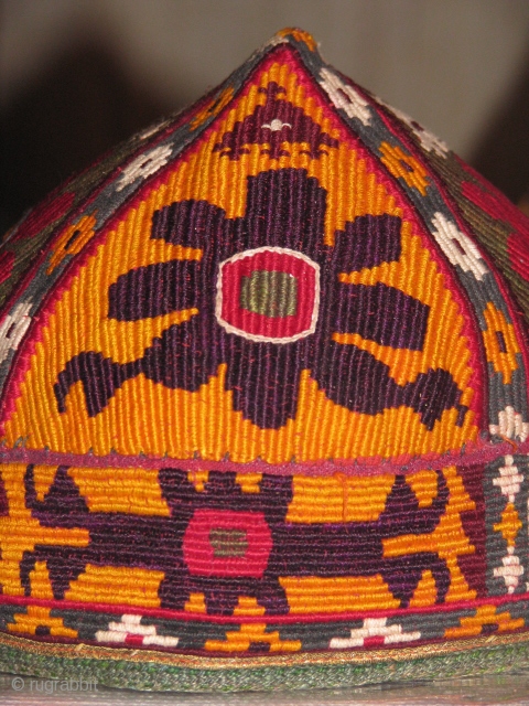 This is a hand stitched turkmen silk on cotton hat from northern Afghanistan fine work in neat clean shape,ready to be used.           