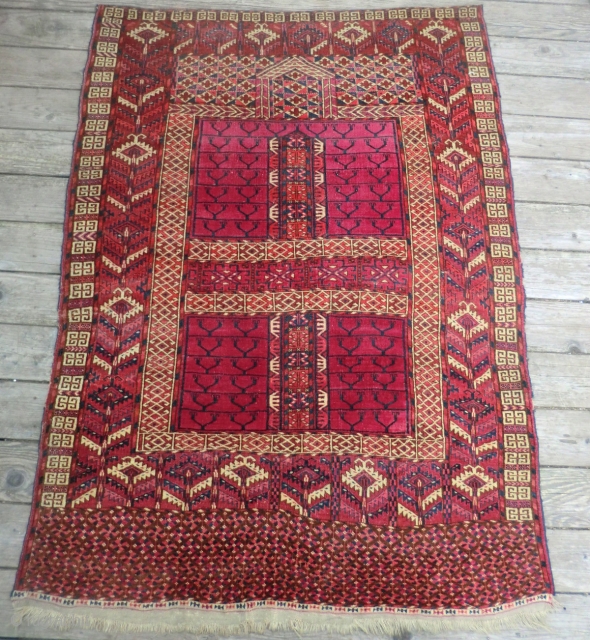 Antique Tekke Turkmen Tent Door Cover (Ensi) -19th Century 48.5" x 67" 
Beautiful colors, all original condition with no repairs and nothing missing on either end. Even, low pile. The lowest area  ...