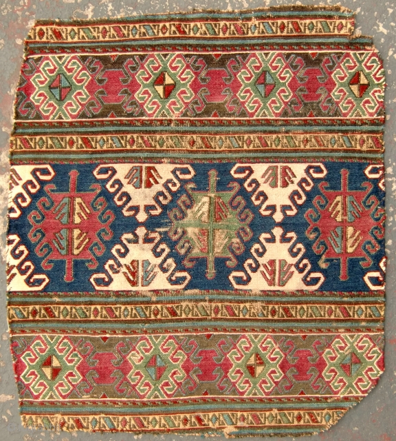 ShahSevan mafrash end panel, 18” x 21”, with Karabagh-ish blue-red. Damage in center as shown. Spring cleaning. See other postings on Rug Rabbit and at www.AntiqueWeavings.com       