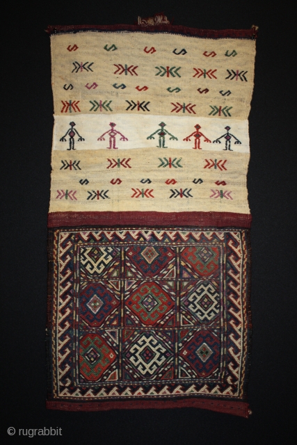 Kurdish bag, Qochan, Khorasan, Iran.
Wool on wool in soumac technique with metal thread.
Human figures on cotton background.
One corner is a little bit dirty, one slightly damaged end, otherwise very good condition.
Size :  ...