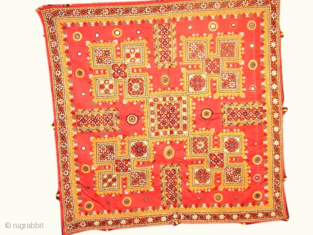 a old dowery cover piece ..full and big size and in good condition 

on cotton material cotton and silk thread work

from jaisalmer handloom handicraft collection ........       