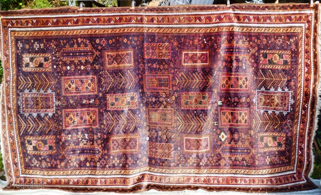 Superb glossy floppy Massive Baluch masterpiece. 11ft. x 6ft 5in. 3.35m. x 1.96m. Silk highlights in green, ivory and magenta. Corrosion to brown and wear to selveges. Approx 100 years old. Soft  ...