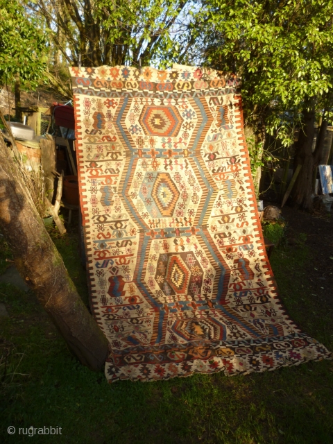 Aydin Anatolian Turkish Kilim, Mid 19th Century. 345 x 180 cm. Numerous stains & reweaves - see photos. Holed and corroded in brown areas see photos. Wonderful palette - see photos. In  ...