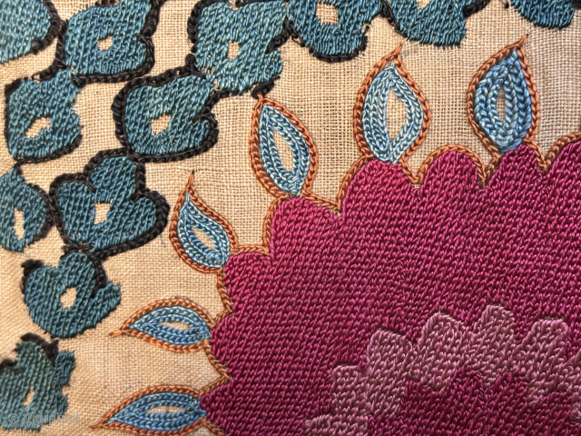 mid-19th Century suzani Bukhara Silk on Cotton. Size: 190 x 120 cm. Oxidisation to black silk. Minor damage in places, and patching to reverse. This item has been washed, and backed with  ...