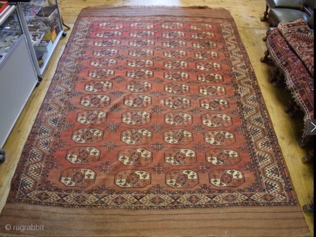 Turkmen Kizil Ayak Main Carpet. Sides ends original. Minor wear and staining in places. Mid 19th Century.
Size: 350 x 227 cm
Contact me for more pictures and price