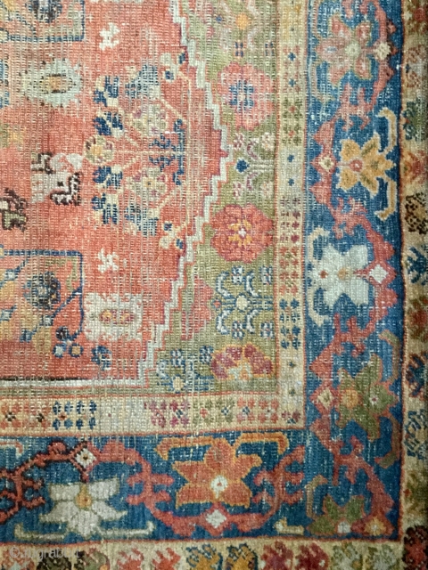 Ushak double-niche Rug. Approx 200cm x 125cm. Heavy wear in places. Sides and ends (folded over and taped) original. No repair or restoration. Contact me for further pictures. Lovely palette: ultramarine border,  ...