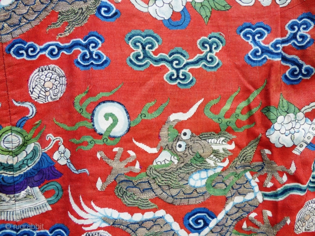 Chinese Antique Court Robe Kesi silk-gauze tapestry-weave with metallic thread and ink-lined details. Numerous damages, repairs, patches and alterations - see photos. Ten imperial dragons. Silk lining intact. Wearable. Please contact for  ...