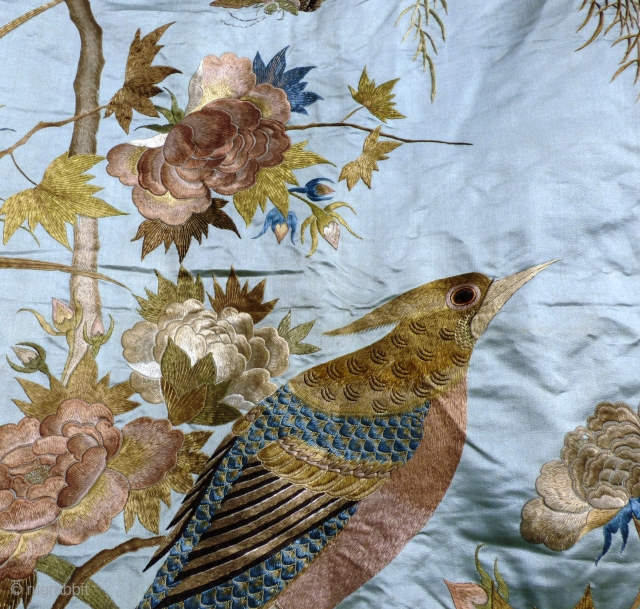 Large Chinese antique silk on silk-satin embroidery, minor damage in places. Birds, plants and insects.

 Please contact for further info and shipping details. Available for viewing at: Stitches in Time - Exhibition  ...