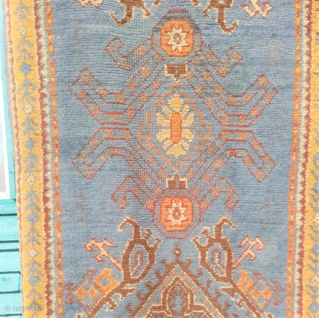 Pair of antique Turkish Oushak runners, narrow format. Size: 1x 340 x 92 cm / 1 x 360 x 92cm. Good pile, ends wearing but secured - see photos. One small tear  ...