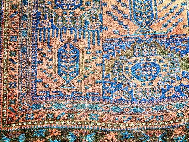 Massive Timuri Baluch carpet, the panelled field with geometric medallions and designs, enclosed by a shaded geometric border with wide flat-weave ends. Pure wool. Finely woven. Age: circa 1900, or before. Size:  ...