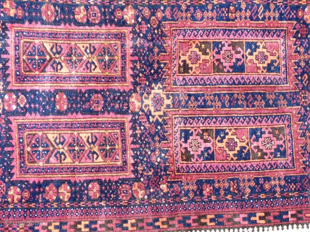 Baluchi rug. Soft sheep wool on goat hair foundation. Finely knotted.
Age: Early 20th century
Condition: Very good even pile, sides and ends original and secured.
Size: 6 ft 10 in X 3 ft 7  ...