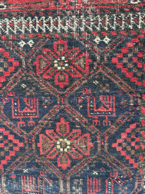Baluch rug with birds in field. Nice drawing in border. Last photo is back of rug. Size: 165 cm x 90 cm / 5 ft 4 in x 3 ft.
Please contact me  ...