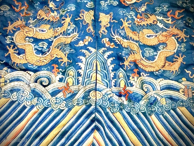 Imperial Chinese Robe: 19th century, nine dragons - one hidden inside flap. Condition is not great, staining upper front left and one or two loose threads here and there, especially golden threads  ...