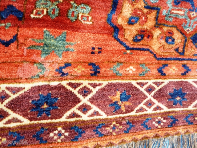 Turkmen main carpet of exceptional colours with archaic motifs throughout and a wonderful soft wool and floppy handle. 240cm x 205cm

This item is available for viewing at the following event:

http://www.pa-antiques.co.uk/londonantiquetextiles_vintagecostumes_tribalart_fair.html   