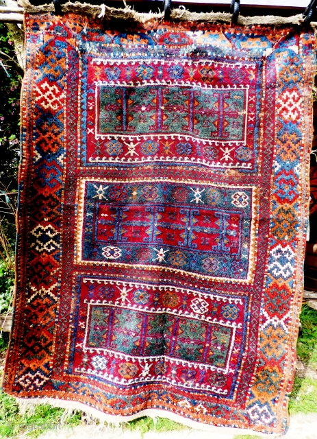 Kurdish Anatolian ‘Yuruk’ rug. Southern Turkey Gaziantep. Braided ends. Of irregular dimensions. Possibly a door rug. Glossy wool, great colours. Wear, worn kinks, see photos. Size: 6 ft X 4 ft 6 ...