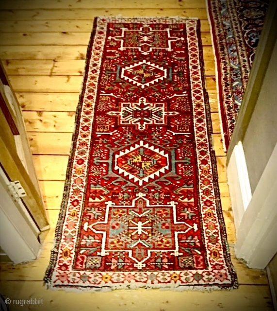 Old Karaja Heriz runner, nice small size: 175 x 65 cm. minor wear and losses in places, sides and ends original. Free postage within UK.        