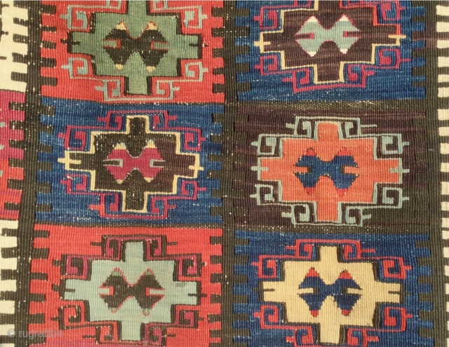 Anatolian kilim circa 1920, great small format example. Wool with white cotton highlights on wool foundation with a stunning palette of many different natural abashed colours. Finely knotted and in excellent condition  ...