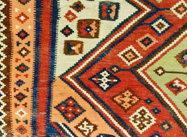 Old, worn South West Persian Qashqai ‘Ghileem’ Kilim a/f flat-woven carpet in usable state with great palette and very finely woven. Pure Wool. Minor damages and repairs in places. Size: 8ft 2in  ...