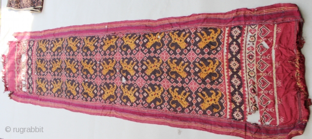 India Cloth Patola with tiger motive found from Indonesia. 19th century. Size : 225cm x 60cm. condition : left and right part of the cloth has been cut and re sewingg. And  ...