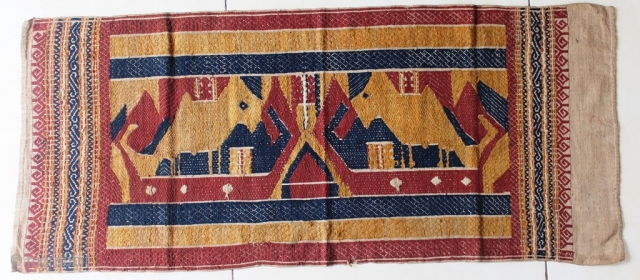 Tatibin ceremonial cloth Lampung south Sumatra Indonesia, Paminggir people cotton natural dyes supplementary weft weave, with ship motif and mythical animal motif, good condition, 19th century size: 96 cm x 41 cm.  ...