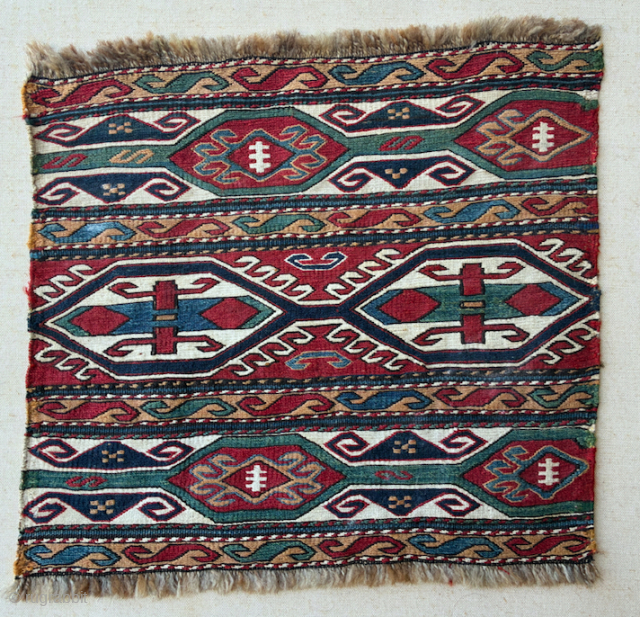 Sumak mafrash end panel
47cm x 43cm
excellent condition 
green  is wonderful
currently mounted on white canvas
tribalwool@gmail.com                  