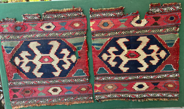 Pair of very old sumak panel fragments
currently mounted on green canvas
each panel approx 46cm x 43cm
tribalwool@gmail.com
                 