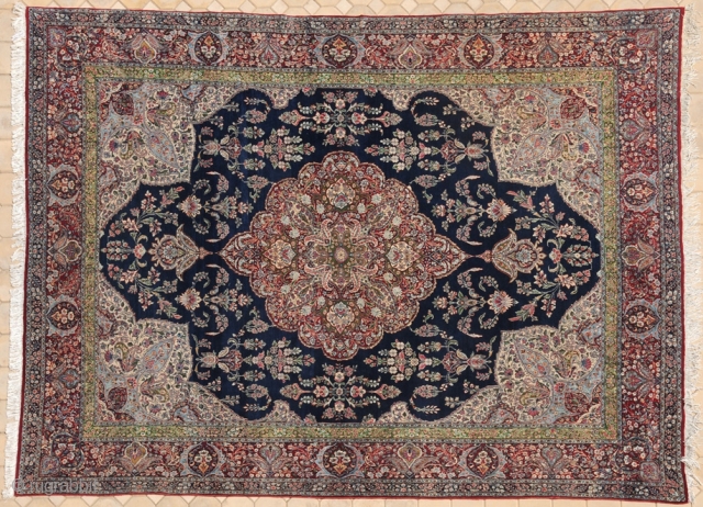 RUG NO : 6 
 
SIZE : 396 x 296 
 
TYPE : Antique 1930 
 
ORIGIN : Iran 
 
DESIGN : Kirman 
 
CONTENT : Wool on cotton 
 
BACKGROUND COLOUR  ...