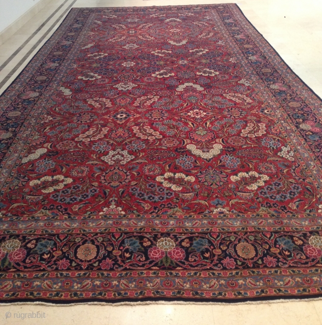 rug no	:	83
size	:	265x530cm
type	:	kashan antique-1920
origin	:	persia
design	:	all over
content	:	wool on cotton
background color	:	orangish redrose
border colour	:	multi


antique kork wool kashan 1920.this carpet is a rare format in orangish redrose background color,adorned in calyxes and palmetts leaves.this unusual size is likely  ...