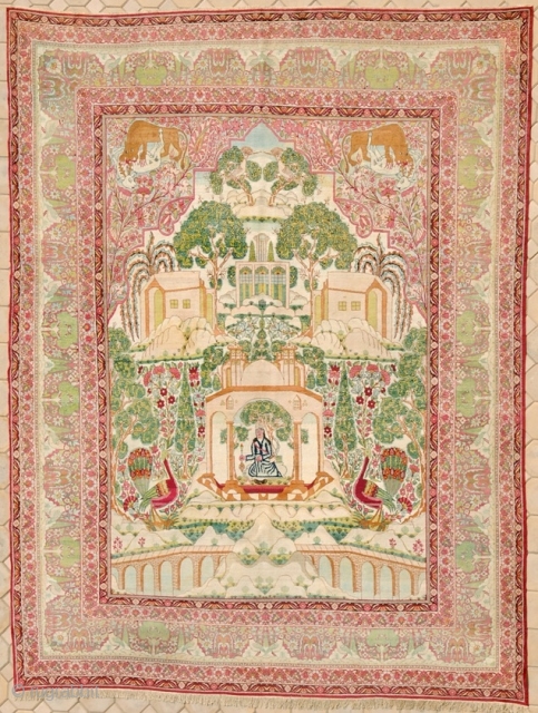 RUG NO : 48 
 
SIZE : 362 x 282 
 
TYPE :antique 1890
 
ORIGIN : Iran 
 
DESIGN : Picturial Lavar 
 
CONTENT : Wool on cotton 
 
BACKGROUND COLOUR :  ...