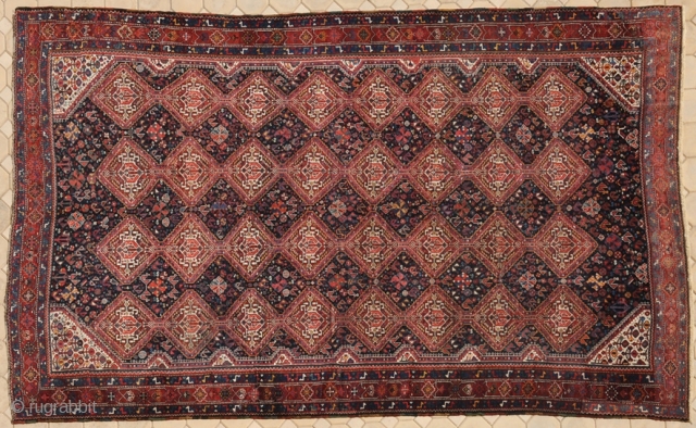 RUG NO : 41 
 
SIZE : 410 x 230 
 
TYPE : Antique 1910 
 
ORIGIN : Iran 
 
DESIGN : Khamseh - might be Bowanat
 
CONTENT : Wool on wool  ...